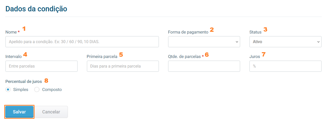 Formulário de cadastro de condições de pagamento