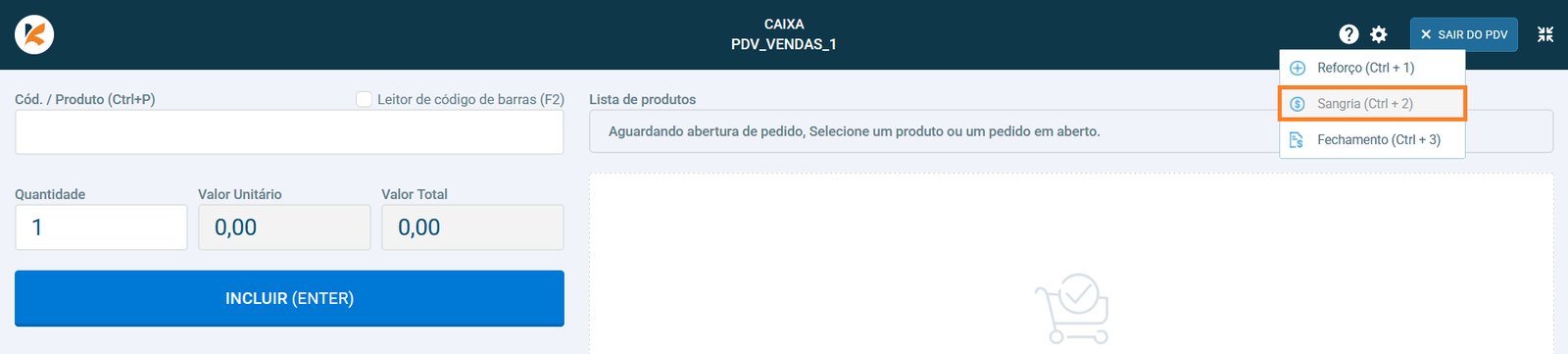 Menu com opção de sangria