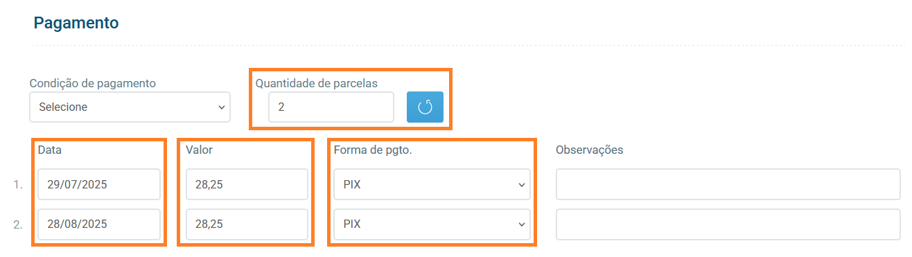 Seção de pagamento do pedido mostrando parcelas geradas