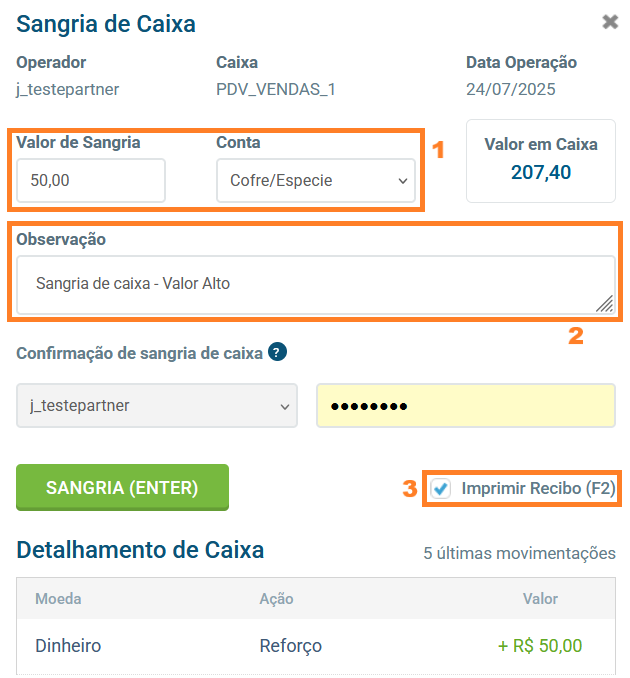 Tela de sangria de caixa