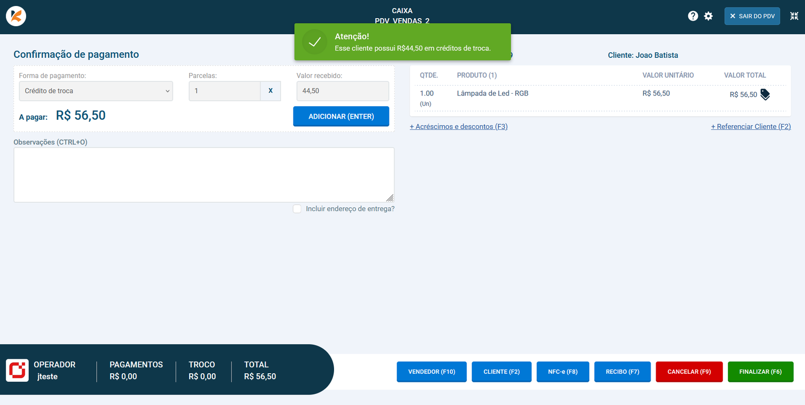 Notificação de crédito disponível