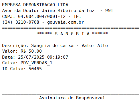 Exemplo de recibo de sangria