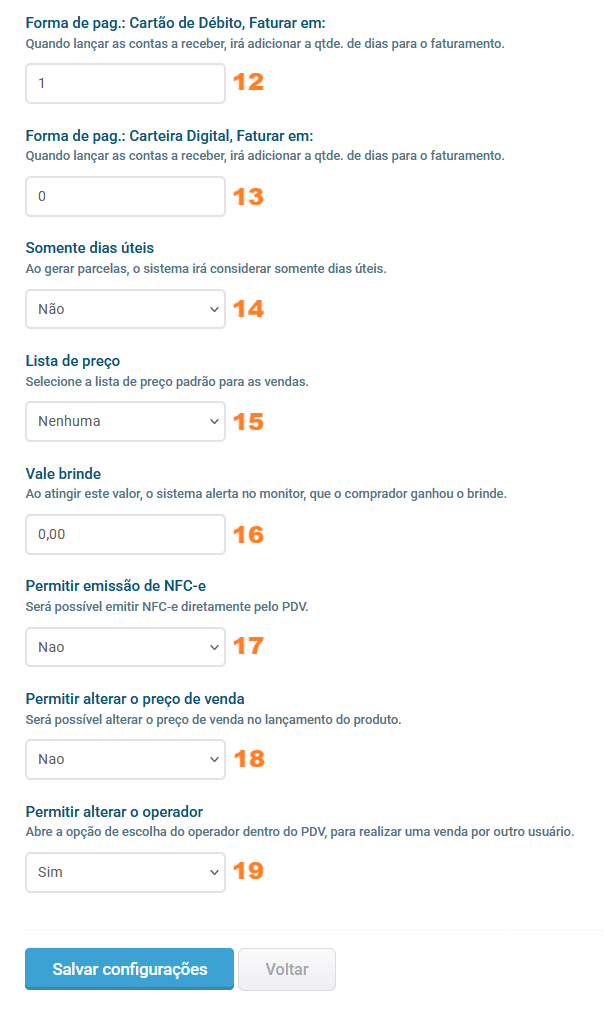 Configurações de formas de pagamento