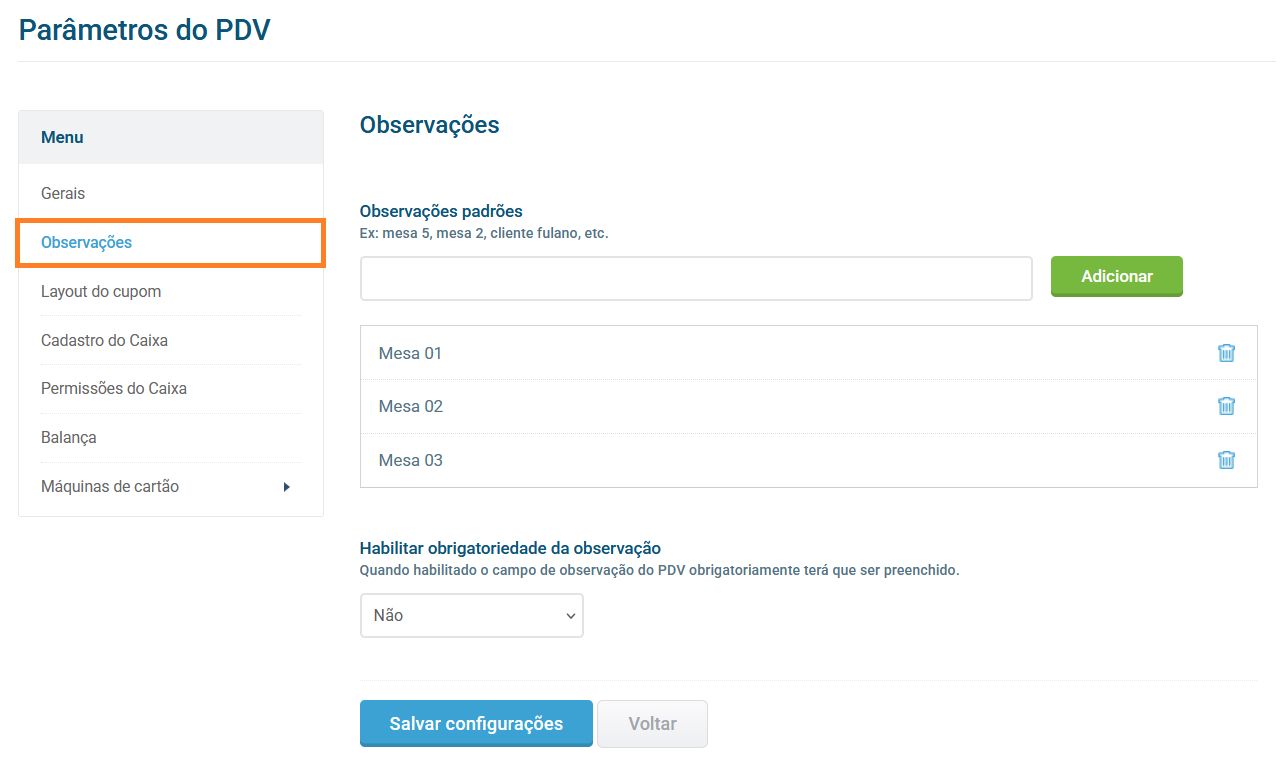 Configurações de observações
