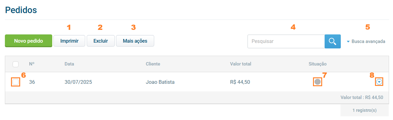 Lista de pedidos com botões de ação