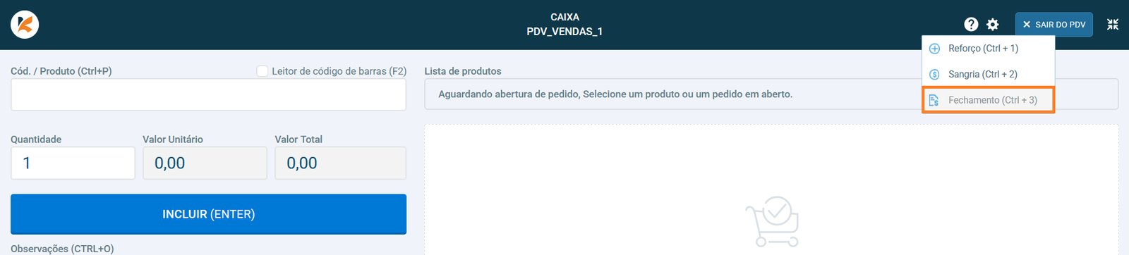 Menu com opção de fechamento