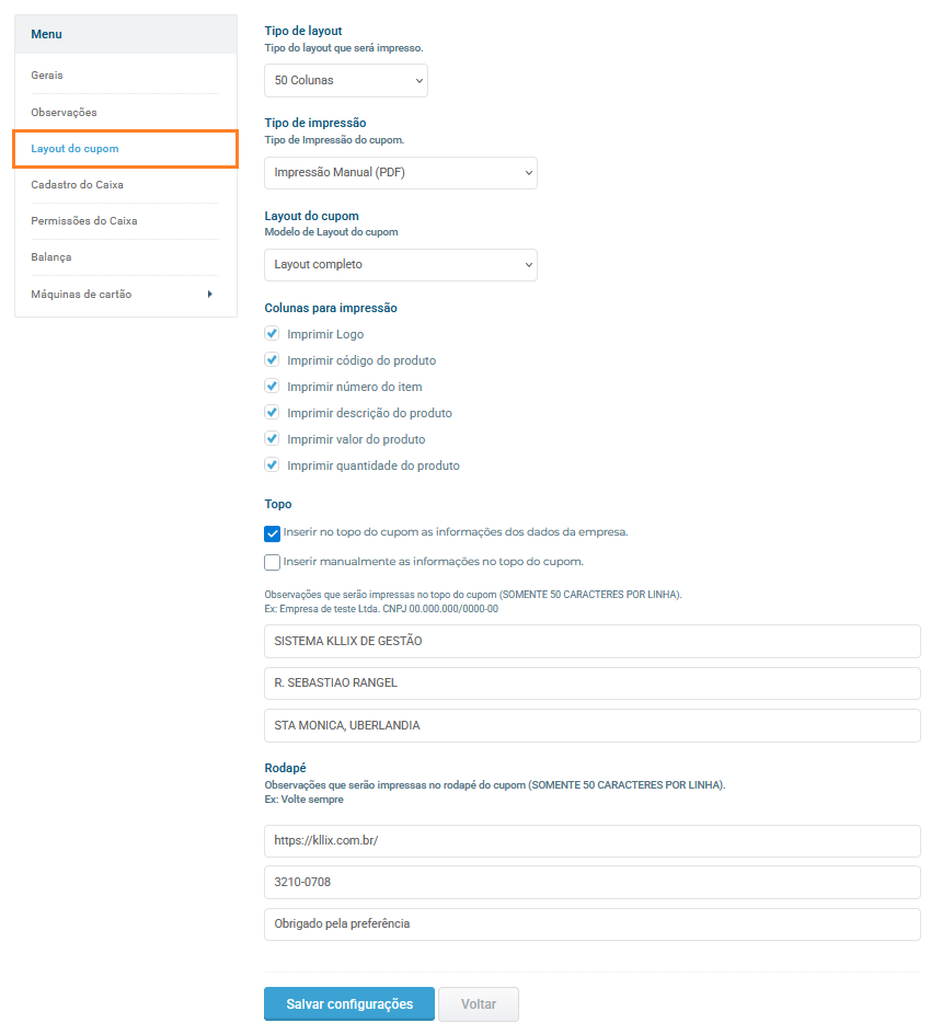 Configurações de layout do cupom