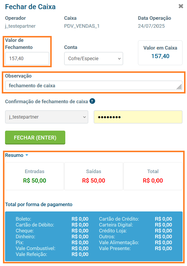 Tela de fechamento de caixa
