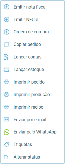 Menu de ações mostrando opções disponíveis