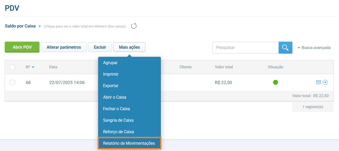Menu Mais ações com opção de relatório