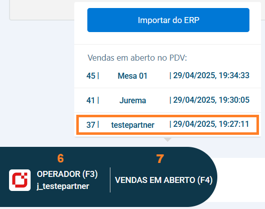 Opções de operação no PDV