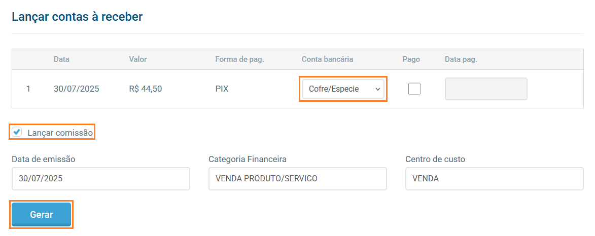 Tela de lançamento de contas a receber