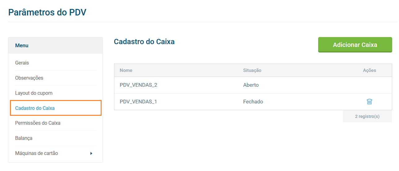 Menu lateral com opção Cadastro do caixa