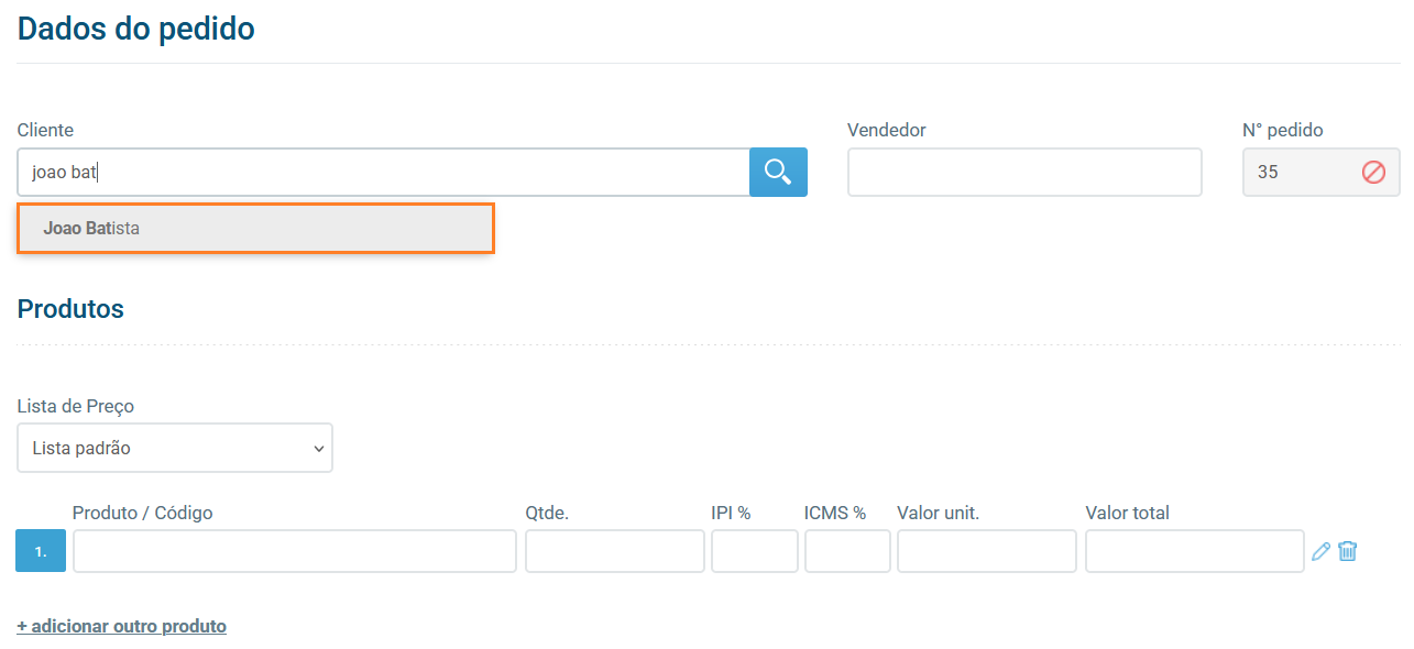 Campo de busca de cliente com sugestões de resultados