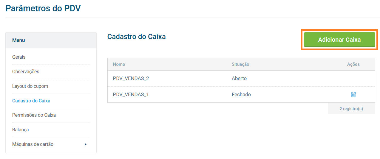 Lista de caixas cadastrados