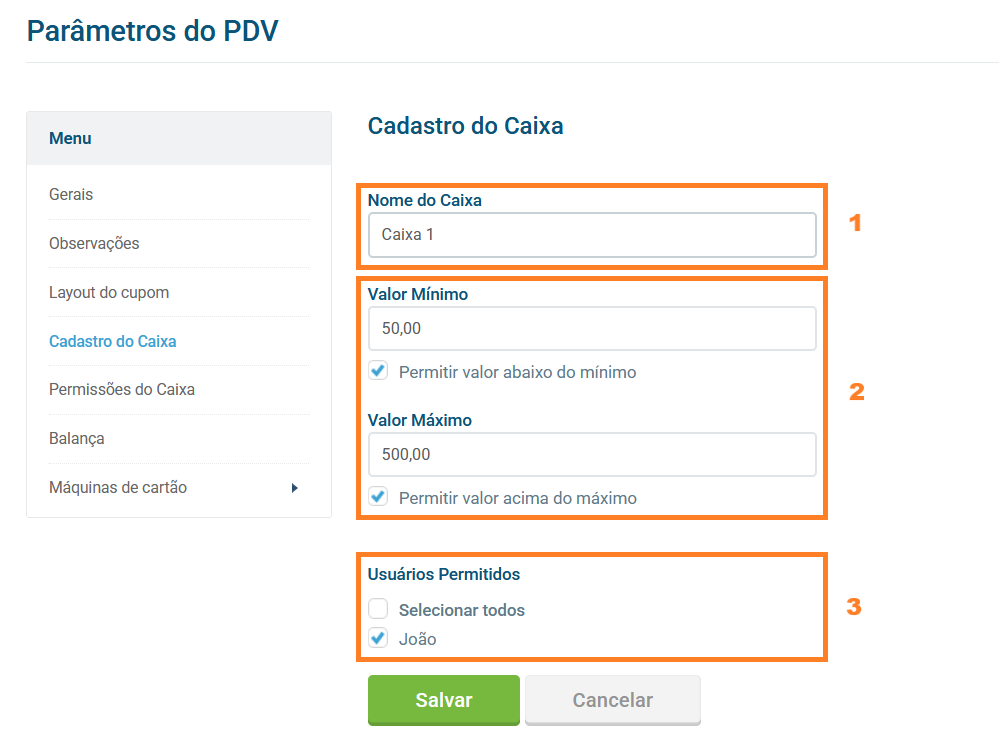 Formulário de cadastro de novo caixa