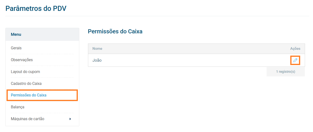 Tela de permissões de caixa
