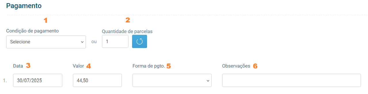 Seção de pagamento do orçamento mostrando parcelamento