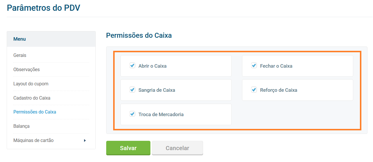 Formulário de edição de permissões