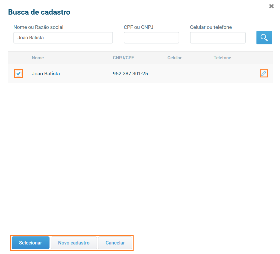 Tela de pesquisa de cliente com múltiplos resultados