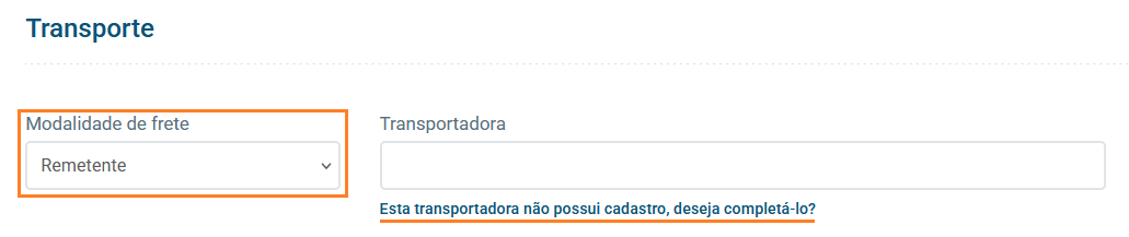 Seção de transporte do orçamento mostrando campos de frete