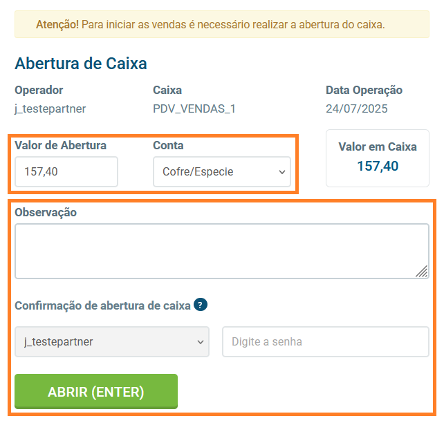 Tela de abertura de caixa