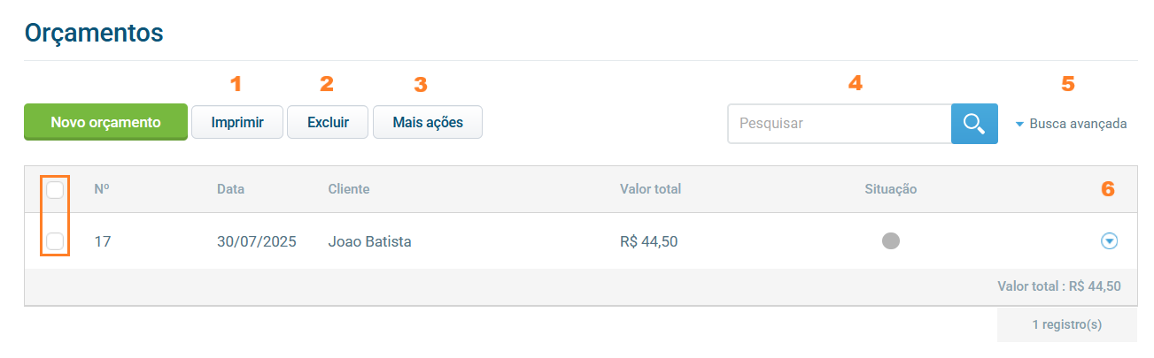 Lista de orçamentos com botões de ação