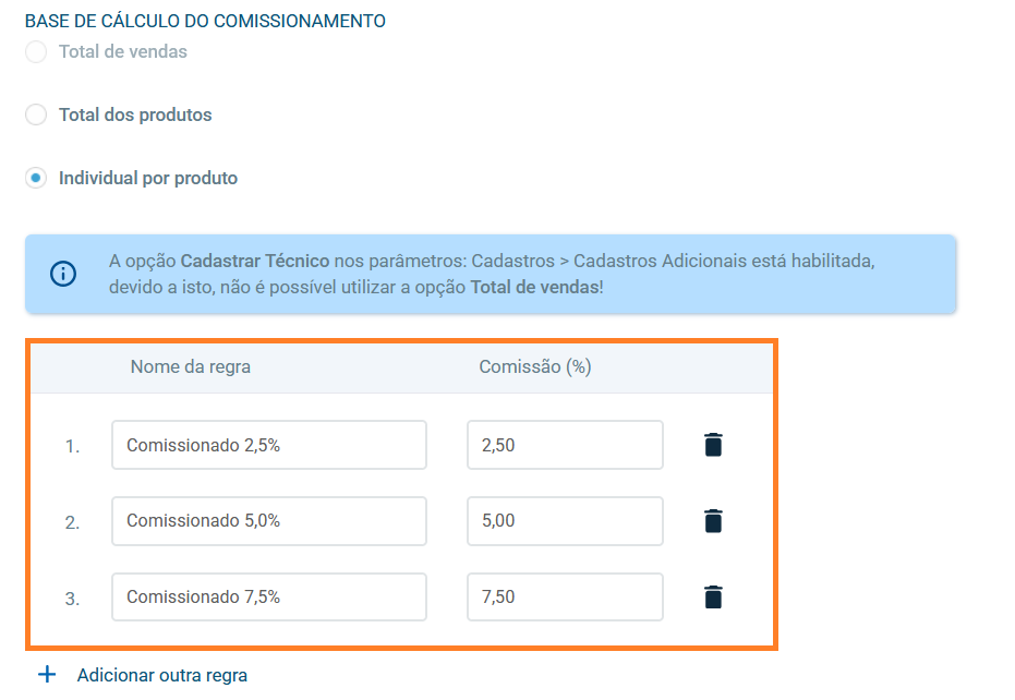 Configuração de comissão individual por produto
