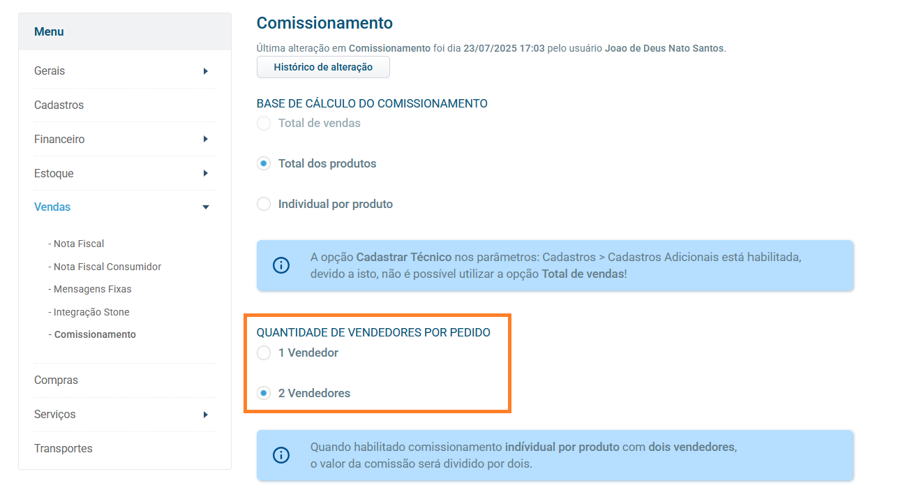 Configuração de quantidade de vendedores por pedido