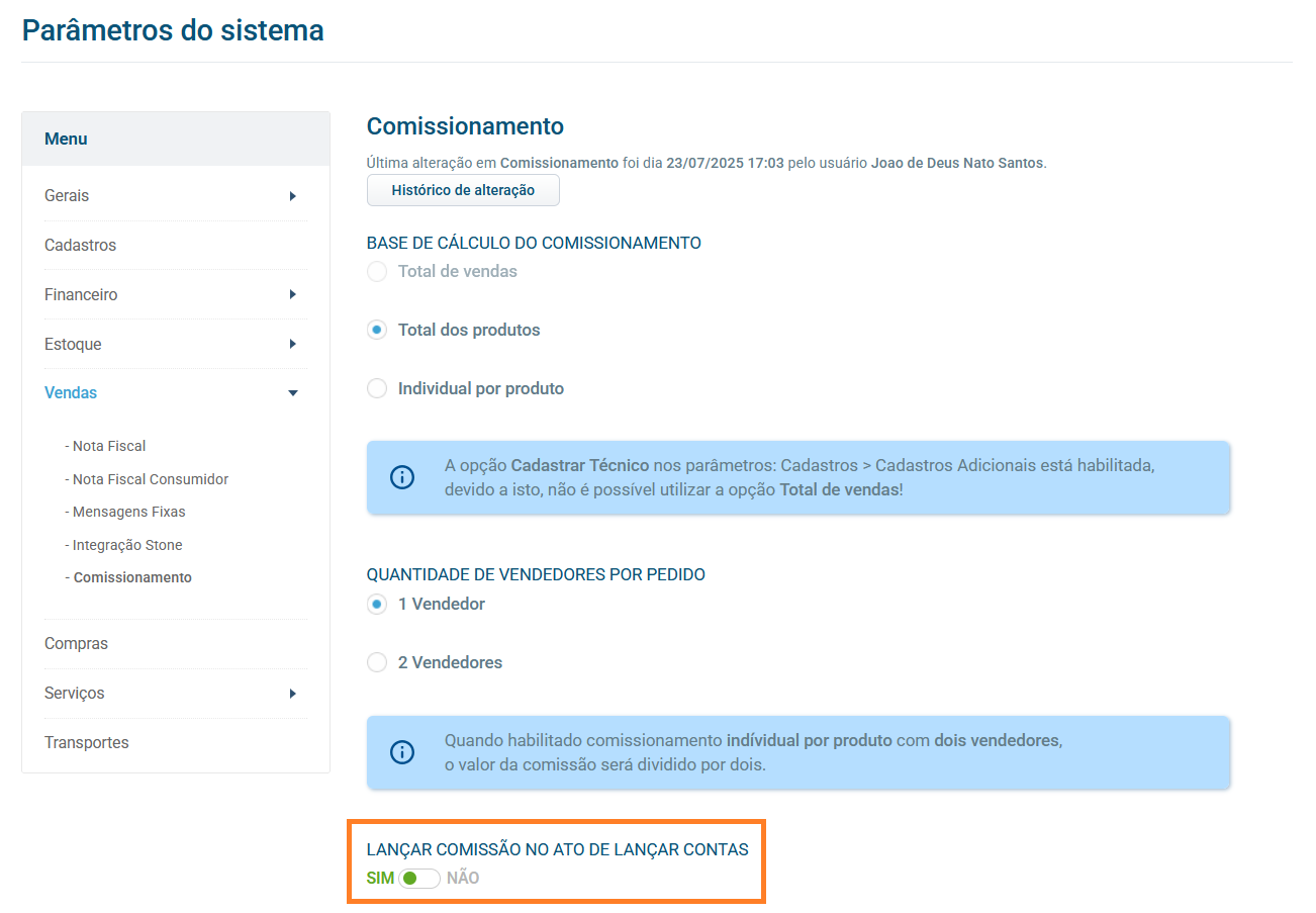 Configuração de lançamento automático de comissão