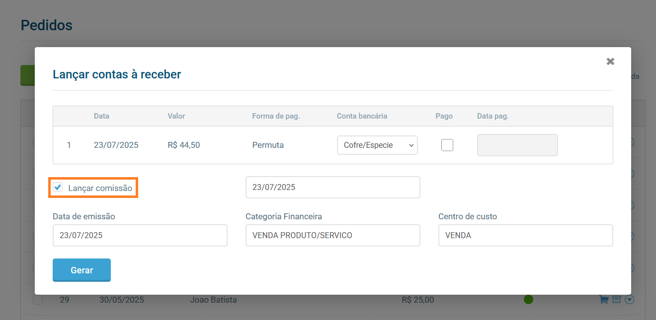 Tela de lançamento de contas com comissão habilitada