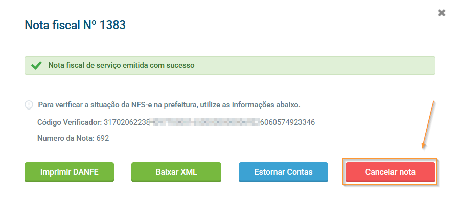 Opção Cancelar Nota na tela de detalhamento da NFSe