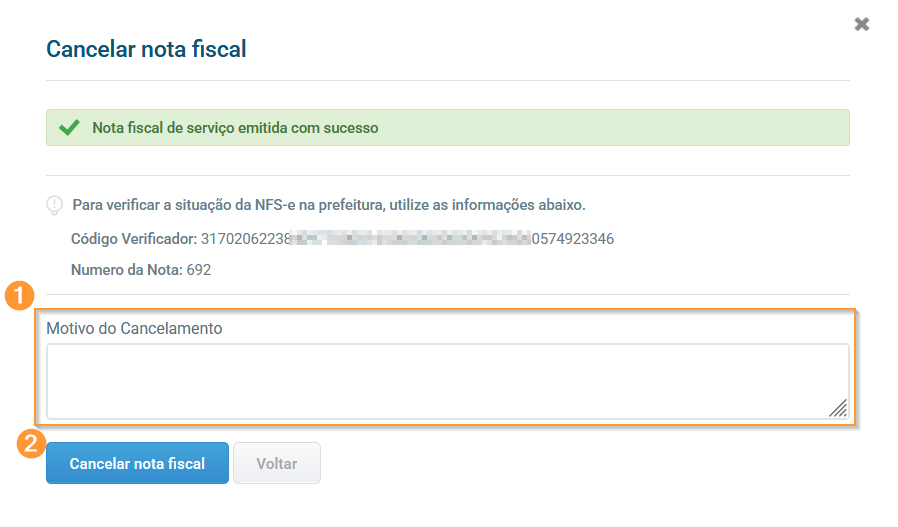 Campo para informar motivo e botão de confirmação de cancelamento